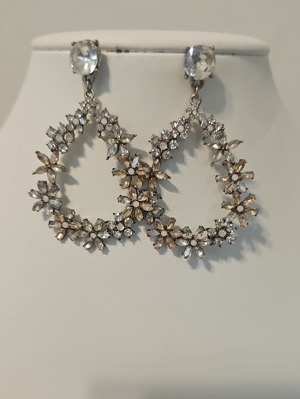 Ann Taylor Crystal Floral Teardrop Drop Earrings - Champagne and Clear